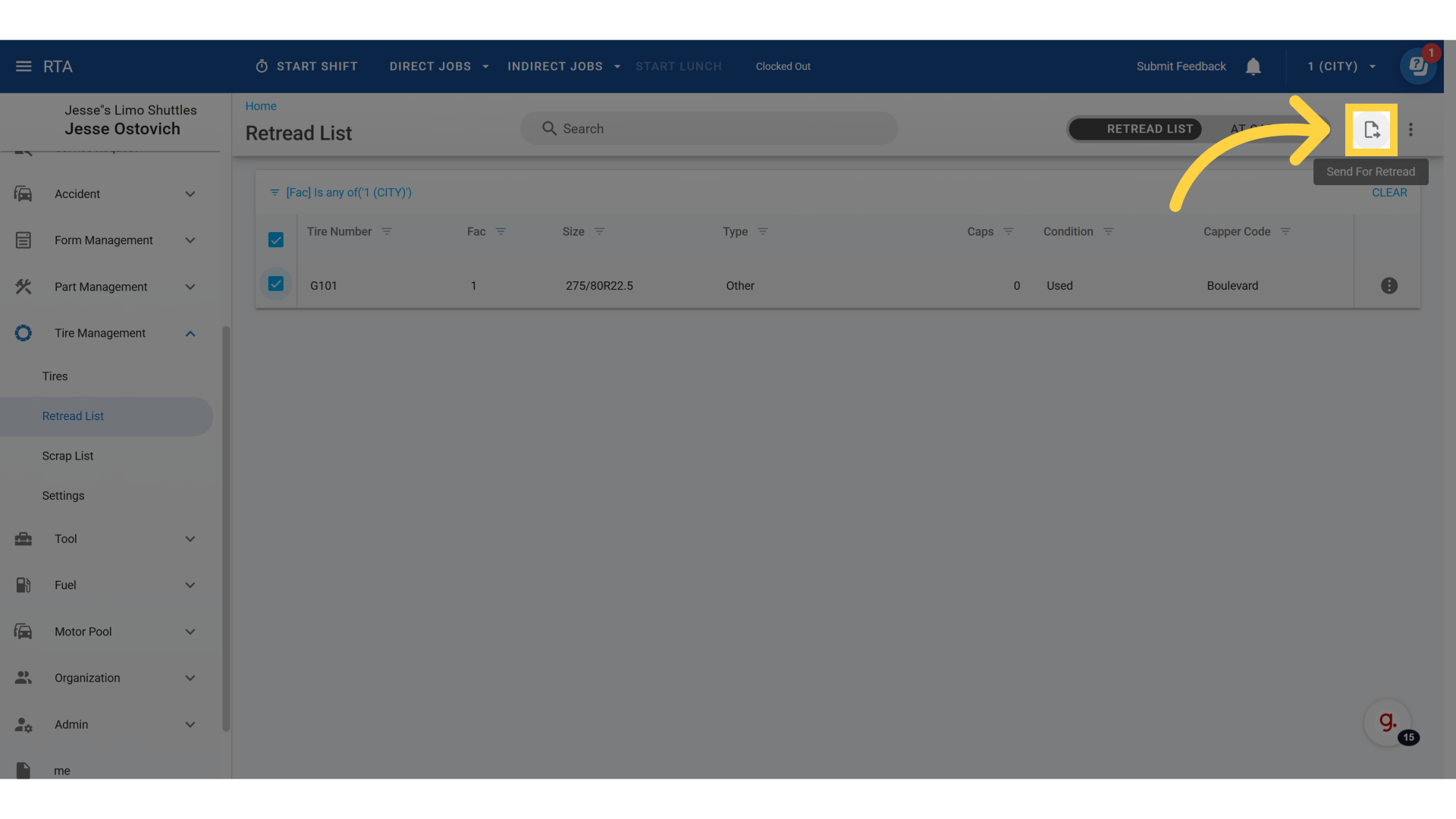 Click the 'send for Retread' Icon