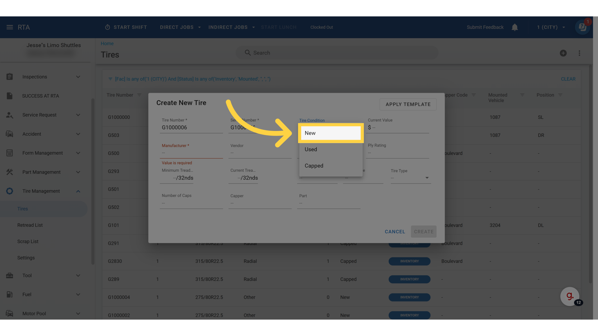 Click 'Tire Condition'