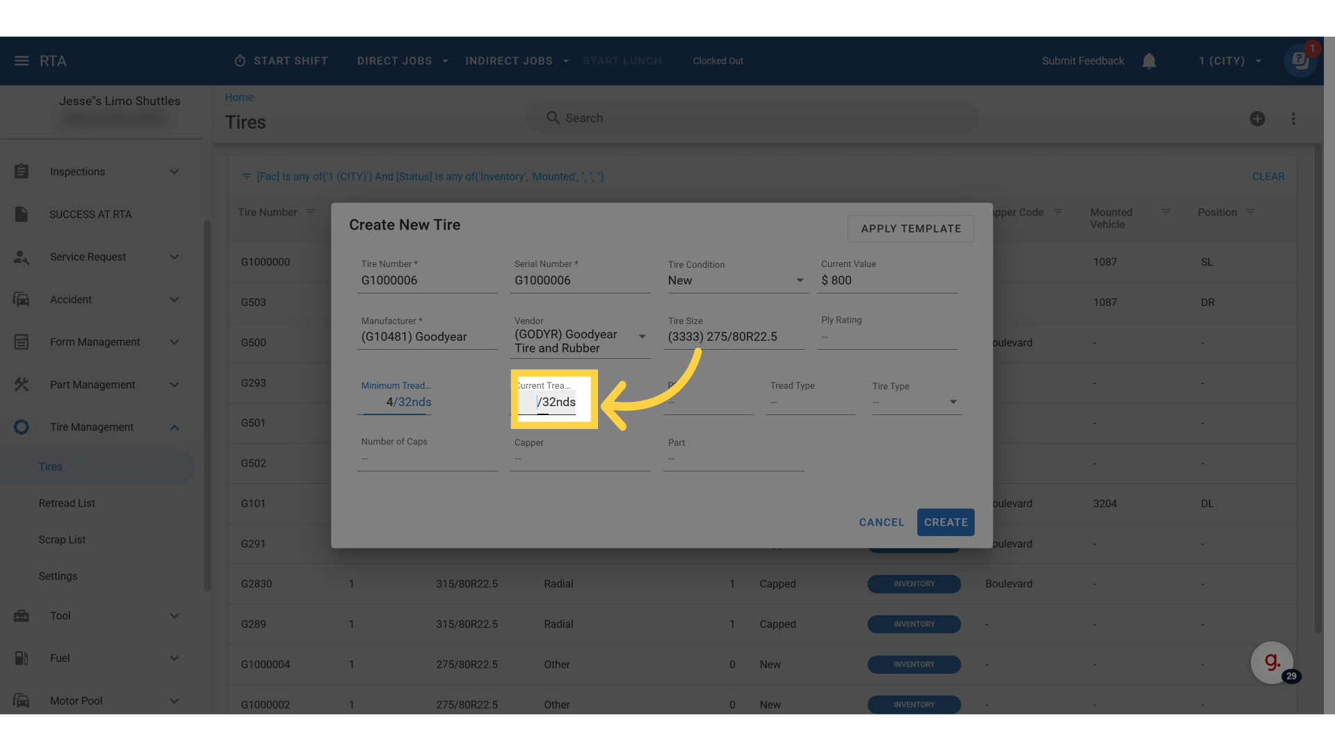 Click 'Current Tread Depth'
